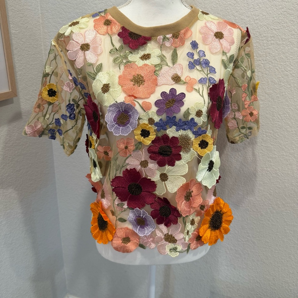 Anthropologie Cream and Orange Embellished Blouse